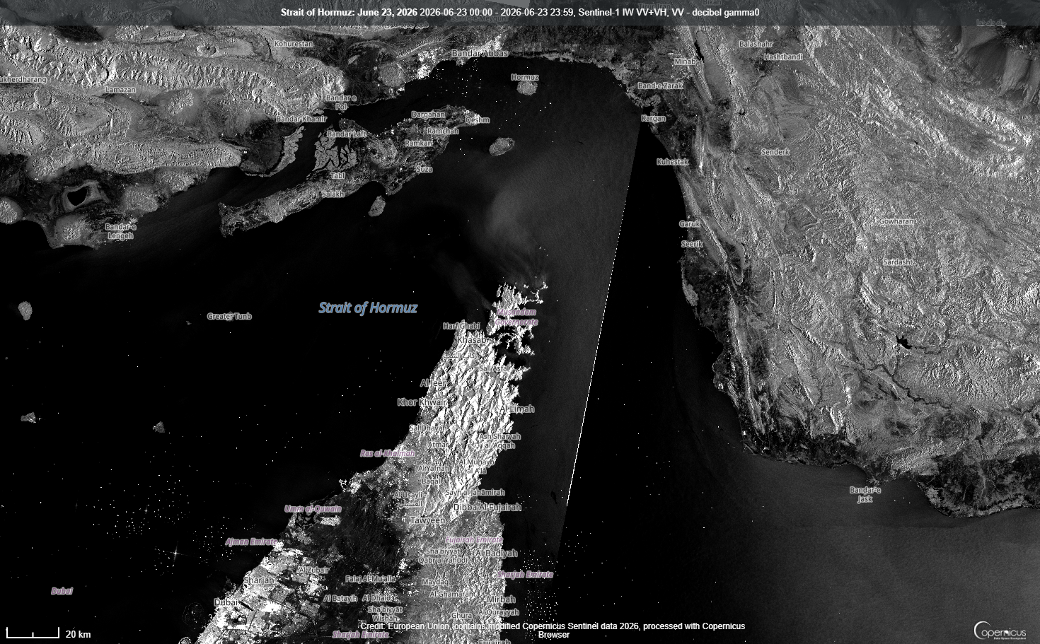 Sentinel-1 synthetic aperture radar image of the Strait of Hormuz dated 11-JUN-2026