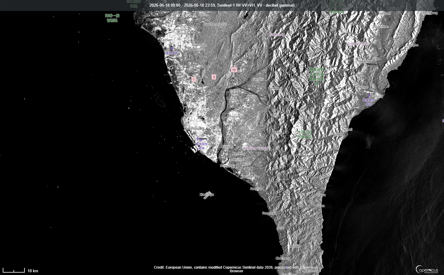 Sentinel-1 synthetic aperture radar image of Kaohsiung, Taiwan dated 18-JUN-2026