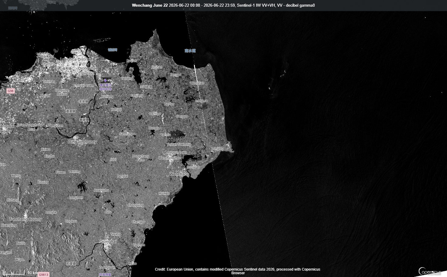 Sentinel-2 optical image of the Wenchang launch site dated 22-JUN-2026