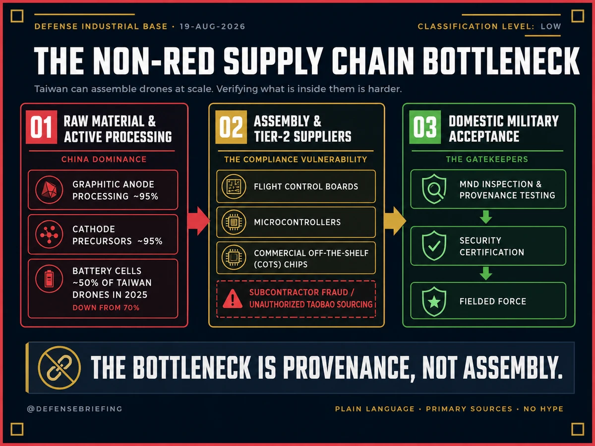 Flowchart tracing Taiwan's non-red drone supply-chain bottleneck from Chinese-dominated graphite, cathode and battery inputs through tier-two electronics suppliers to Ministry of National Defense provenance testing, security certification and fielding.