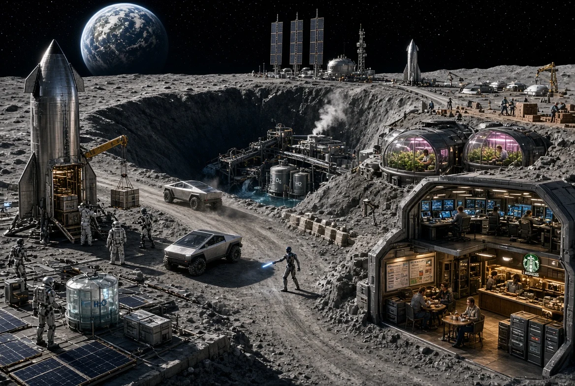 Defense Briefing illustration of a future industrial lunar settlement with Starship vehicles, surface infrastructure, solar arrays, habitats and excavation activity.