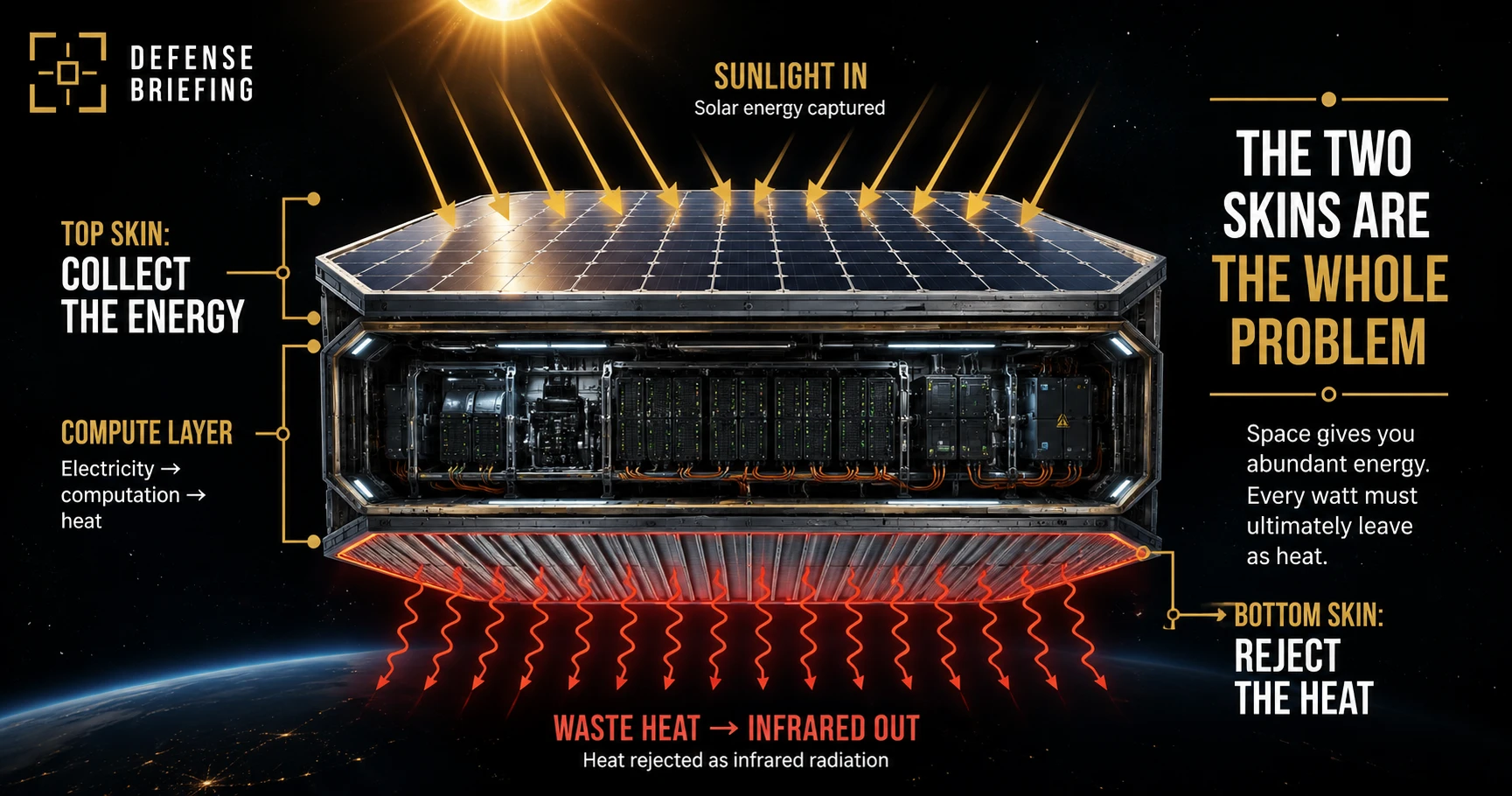Cutaway of an orbital data center showing a top solar skin collecting sunlight, a central compute layer, and a bottom radiator skin rejecting waste heat as infrared radiation toward space.