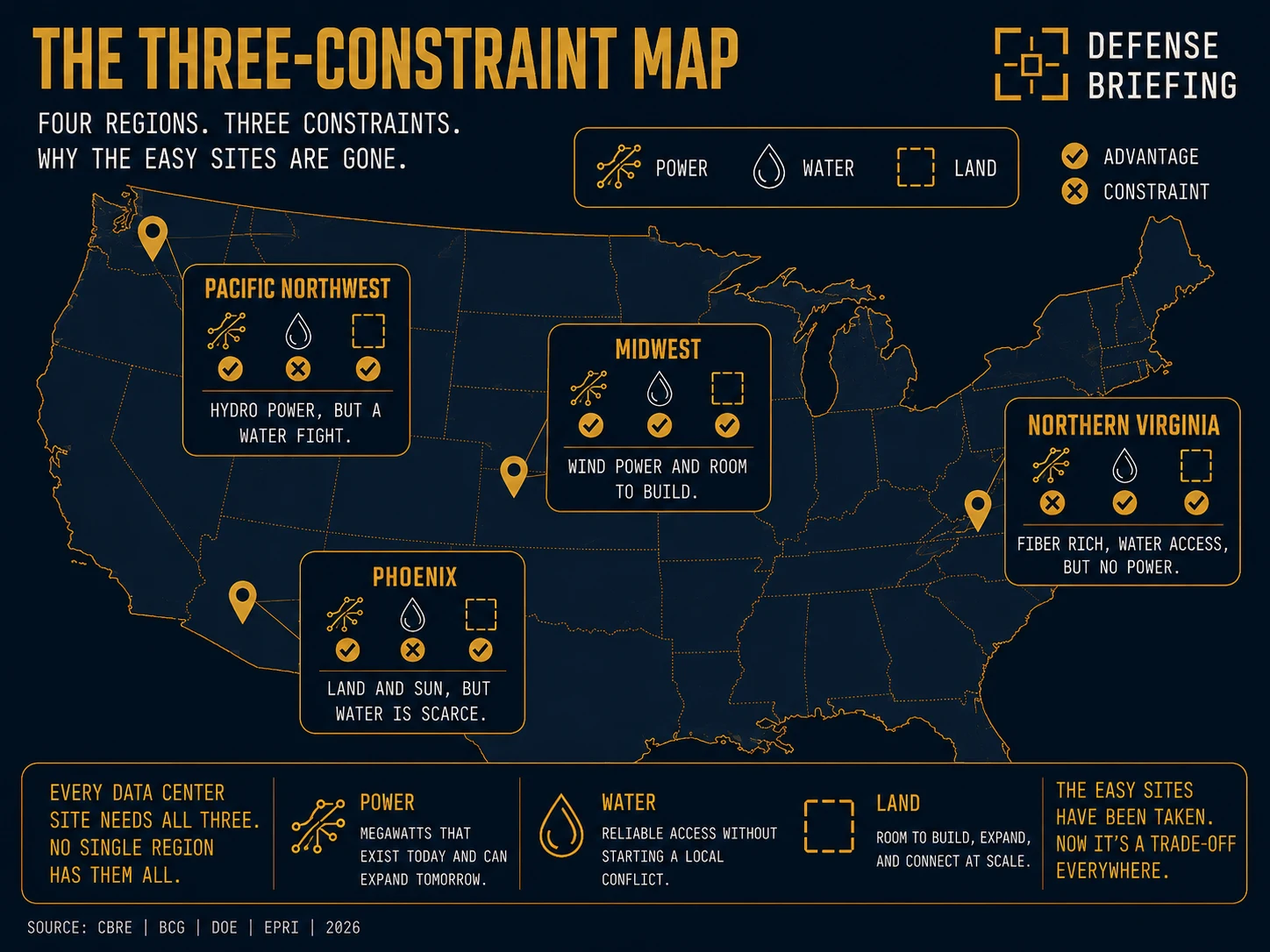 Map of the United States comparing four data center regions against power, water and land: Northern Virginia constrained on power, Phoenix constrained on water, the Pacific Northwest constrained on water, and the Midwest advantaged on all three.